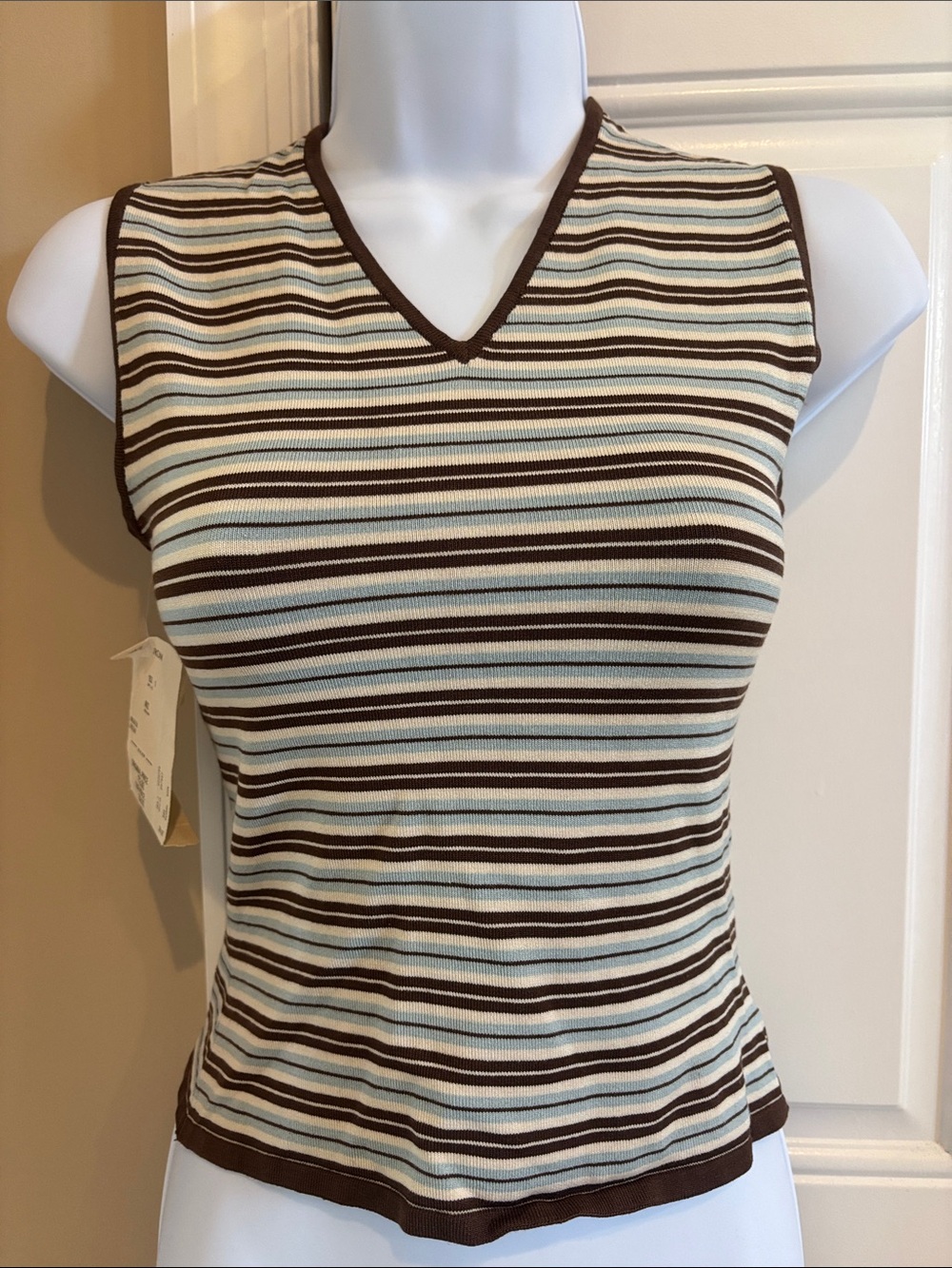 Kenar Striped V-Neck Sleeveless Tank in Brown, Blue, and Cream